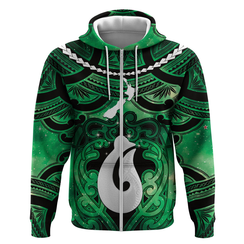 Personalised Maori Matariki Hei Matau Kakariki Zip Hoodie Maori Kowhaiwhai Pattern Galaxy LT01 Zip Hoodie Green - Polynesian Pride