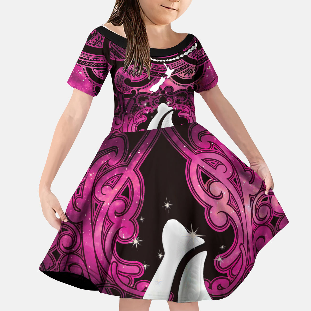 Personalised Maori Matariki Hei Matau Mawhero Kid Short Sleeve Dress Maori Kowhaiwhai Pattern Galaxy LT01 KID Pink - Polynesian Pride