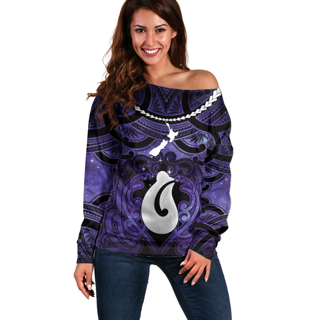 Personalised Maori Matariki Hei Matau Waiporoporo Off Shoulder Sweater Maori Kowhaiwhai Pattern Galaxy LT01 Women Purple - Polynesian Pride
