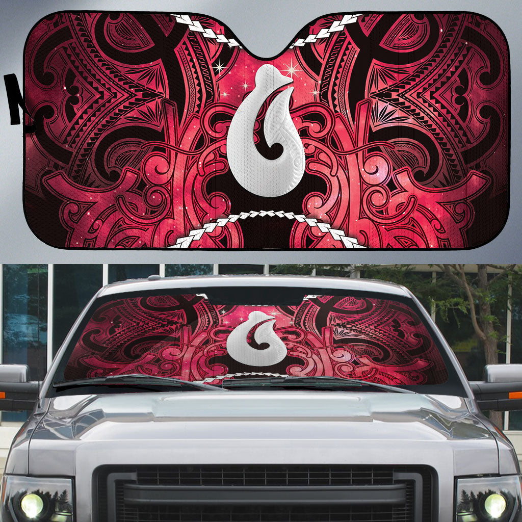 Maori Matariki Hei Matau Whero Auto Sun Shade Maori Kowhaiwhai Pattern Galaxy LT01 Red - Polynesian Pride