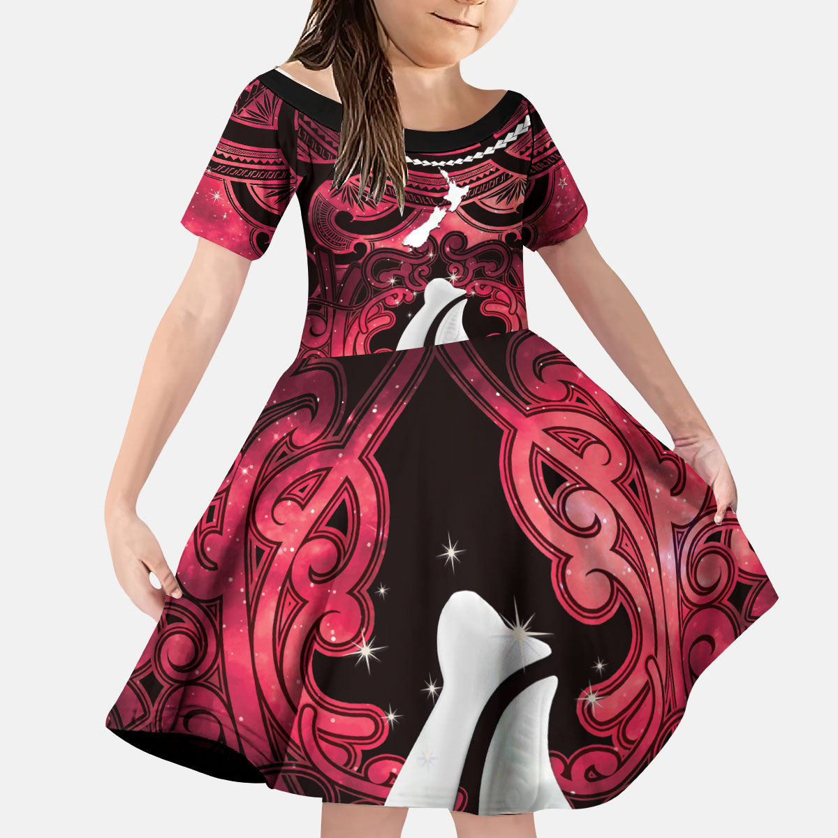 Personalised Maori Matariki Hei Matau Whero Kid Short Sleeve Dress Maori Kowhaiwhai Pattern Galaxy LT01 KID Red - Polynesian Pride