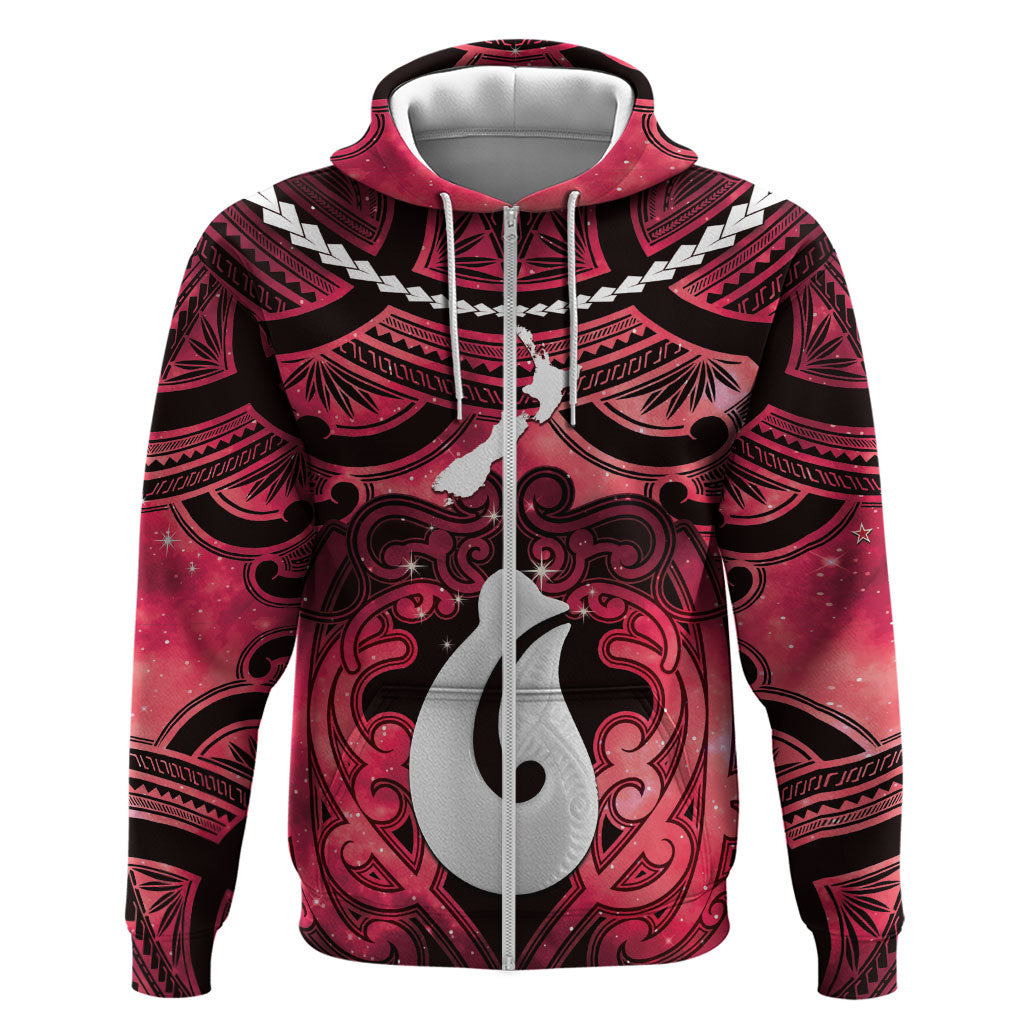 Personalised Maori Matariki Hei Matau Whero Zip Hoodie Maori Kowhaiwhai Pattern Galaxy LT01 Zip Hoodie Red - Polynesian Pride