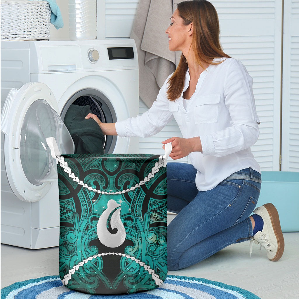 Maori Matariki Hei Matau Turquoise Laundry Basket Maori Kowhaiwhai Pattern Galaxy LT01 - Polynesian Pride