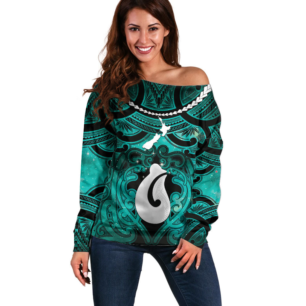 Personalised Maori Matariki Hei Matau Turquoise Off Shoulder Sweater Maori Kowhaiwhai Pattern Galaxy LT01 Women Turquoise - Polynesian Pride