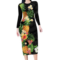 Hawaii Pineapple Tropical Long Sleeve Bodycon Dress Colorful Hibiscus Plumeria LT01 Long Dress Black - Polynesian Pride
