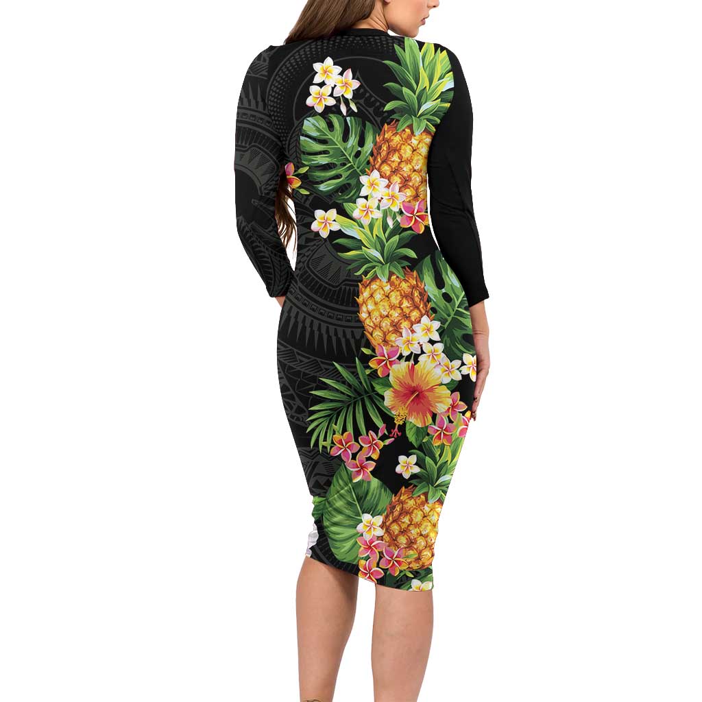Hawaii Pineapple Tropical Long Sleeve Bodycon Dress Colorful Hibiscus Plumeria LT01 - Polynesian Pride