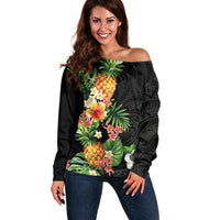 Hawaii Pineapple Tropical Off Shoulder Sweater Colorful Hibiscus Plumeria LT01 Women Black - Polynesian Pride