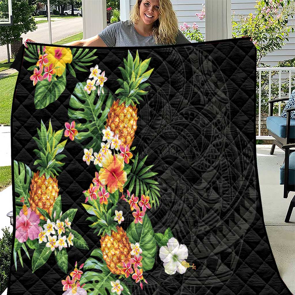 Hawaii Pineapple Tropical Quilt Colorful Hibiscus Plumeria LT01 Black - Polynesian Pride