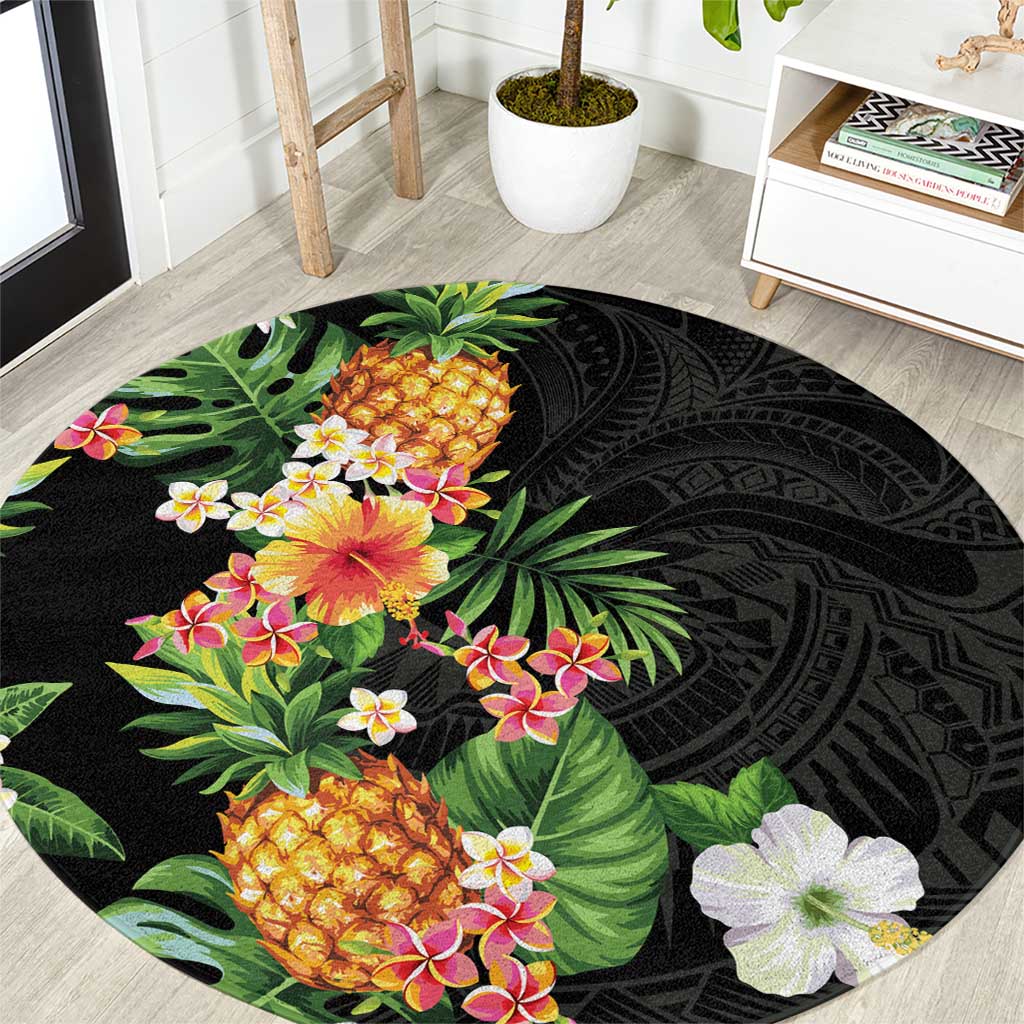 Hawaii Pineapple Tropical Round Carpet Colorful Hibiscus Plumeria LT01 Black - Polynesian Pride