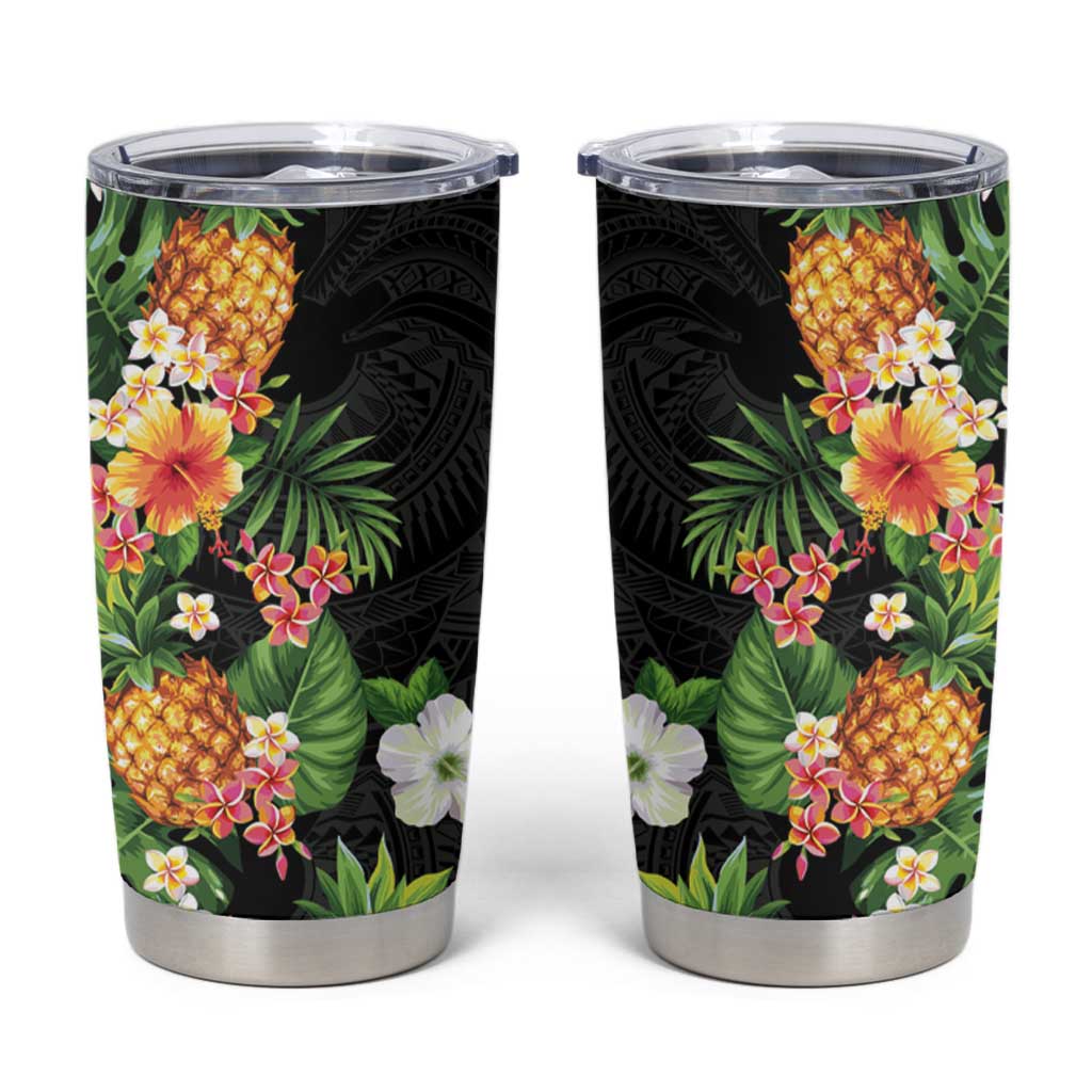 Hawaii Pineapple Tropical Tumbler Cup Colorful Hibiscus Plumeria LT01 Black - Polynesian Pride