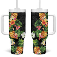 Hawaii Pineapple Tropical Tumbler With Handle Colorful Hibiscus Plumeria LT01 One Size: 40 oz Black - Polynesian Pride