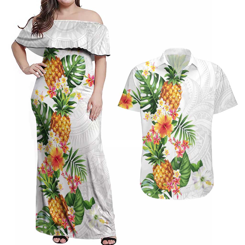 Hawaii Pineapple Tropical Couples Matching Off Shoulder Maxi Dress and Hawaiian Shirt Luminous Hibiscus Plumeria