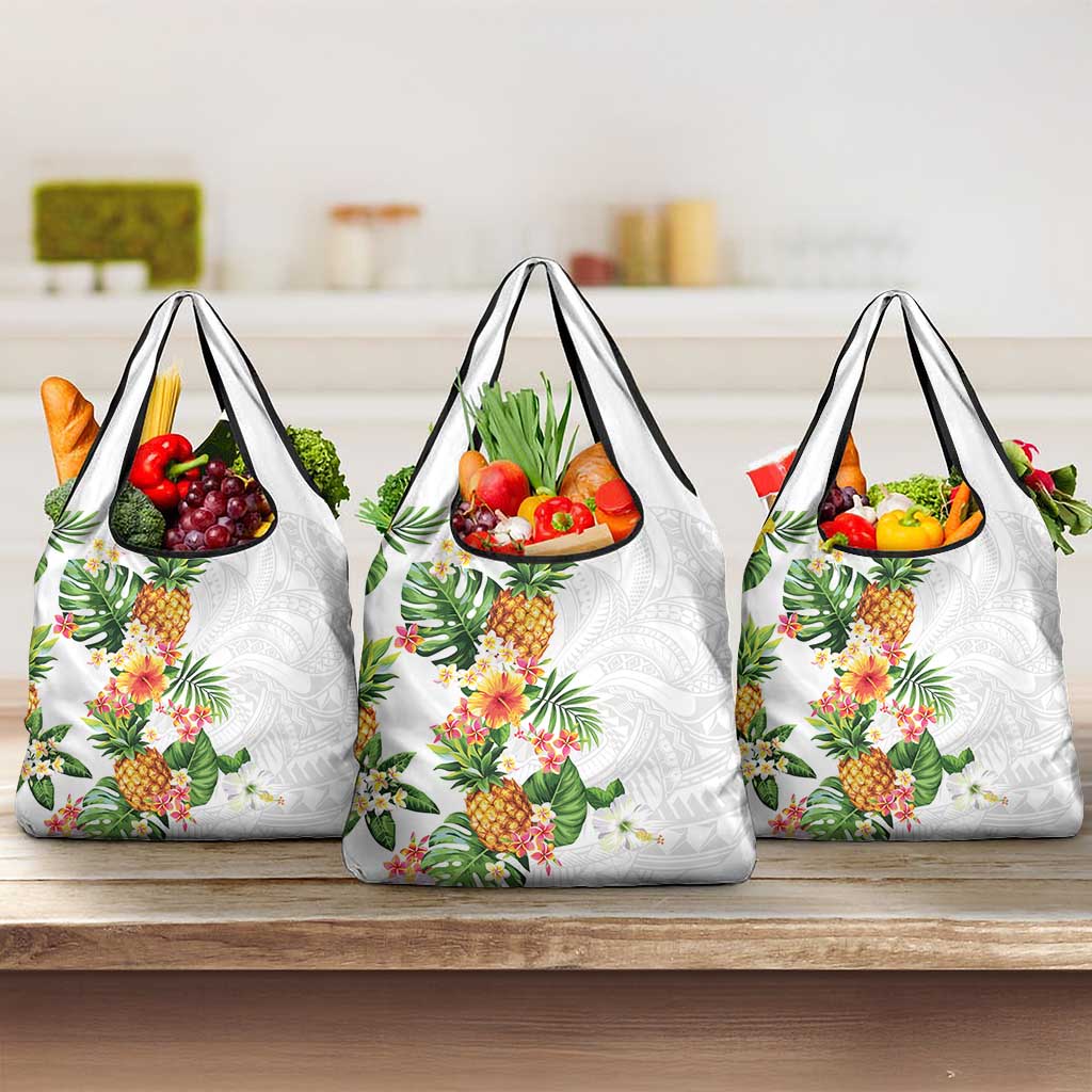 Hawaii Pineapple Tropical Grocery Bag Luminous Hibiscus Plumeria LT01 3-pack One Size White - Polynesian Pride