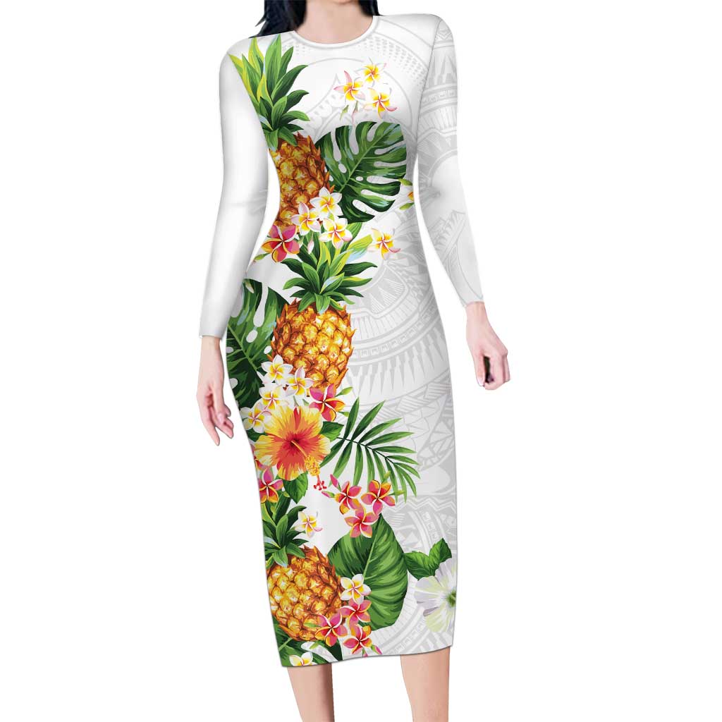 Hawaii Pineapple Tropical Long Sleeve Bodycon Dress Luminous Hibiscus Plumeria LT01 Long Dress White - Polynesian Pride
