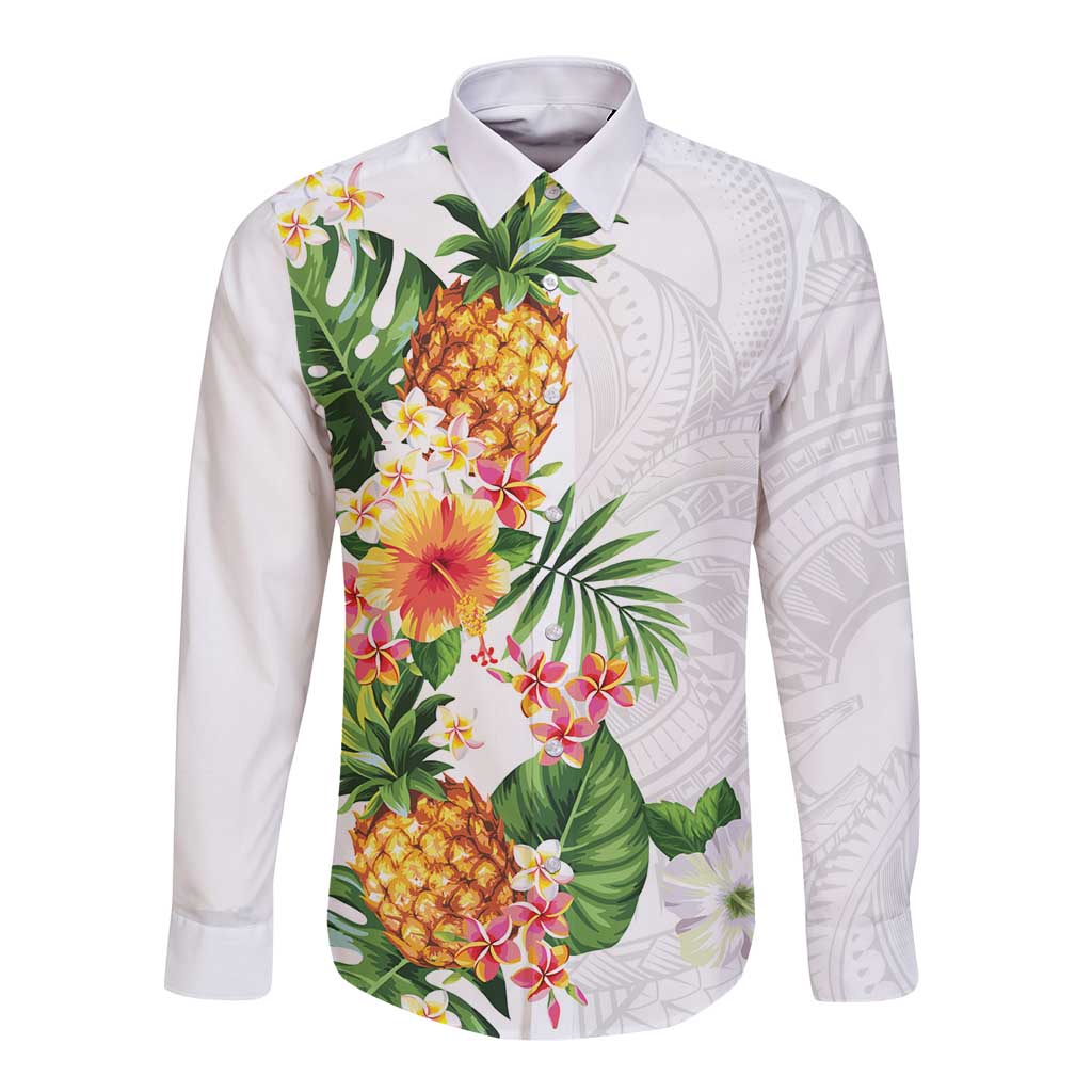 Hawaii Pineapple Tropical Long Sleeve Button Shirt Luminous Hibiscus Plumeria LT01 Unisex White - Polynesian Pride