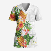 Hawaii Pineapple Tropical Scrub Top Luminous Hibiscus Plumeria LT01 Adult White - Polynesian Pride