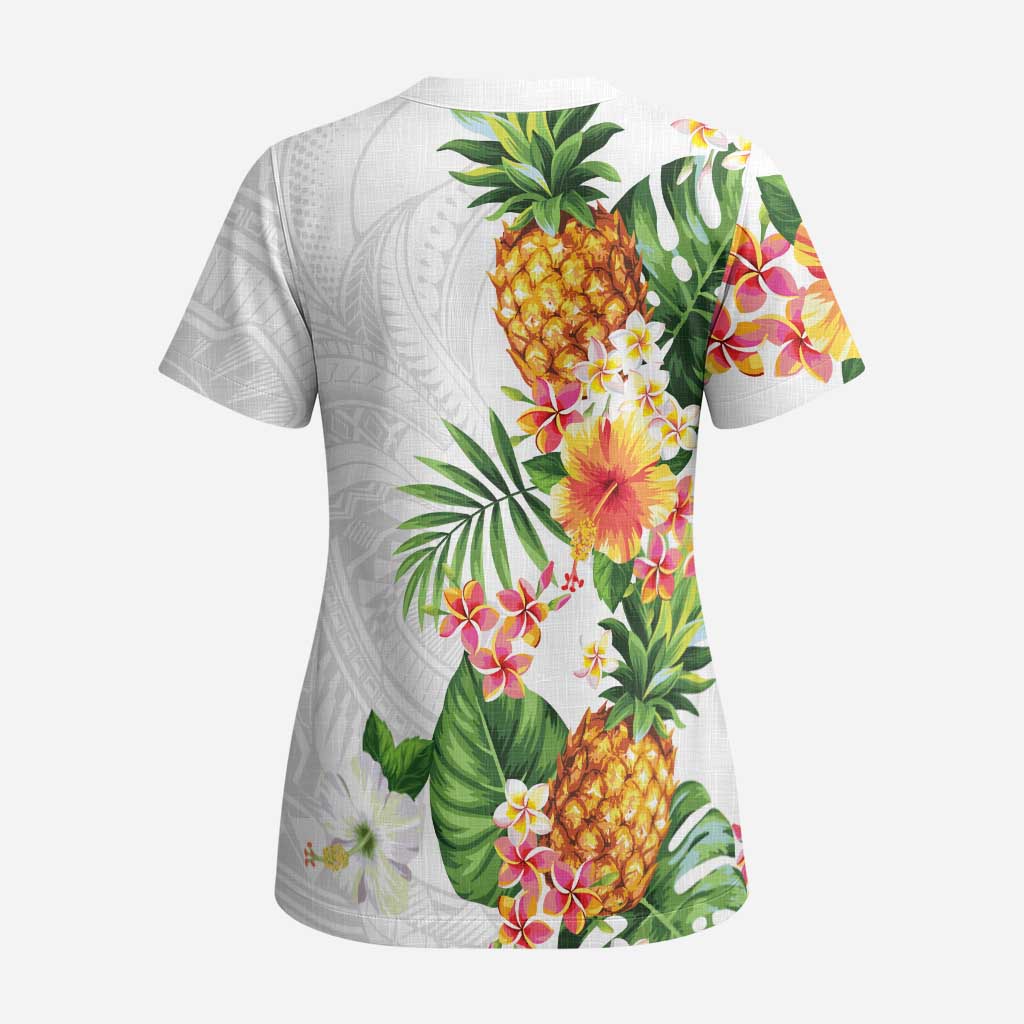 Hawaii Pineapple Tropical Scrub Top Luminous Hibiscus Plumeria LT01 - Polynesian Pride