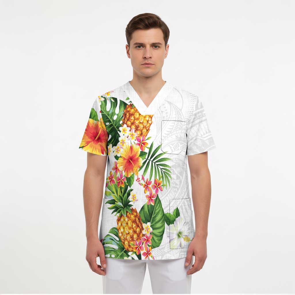 Hawaii Pineapple Tropical Scrub Top Luminous Hibiscus Plumeria LT01 - Polynesian Pride