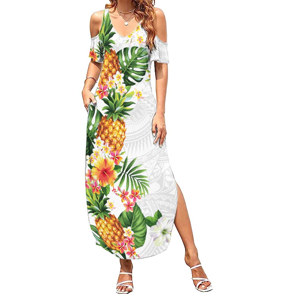 Hawaii Pineapple Tropical Summer Maxi Dress Luminous Hibiscus Plumeria LT01 Women White - Polynesian Pride