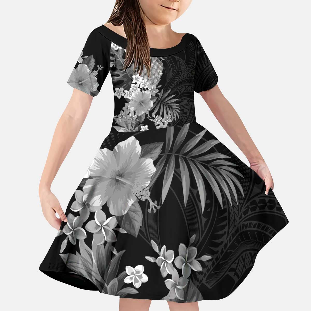 Hawaii Pineapple Tropical Kid Short Sleeve Dress Neutral Hibiscus Plumeria LT01 KID Black - Polynesian Pride
