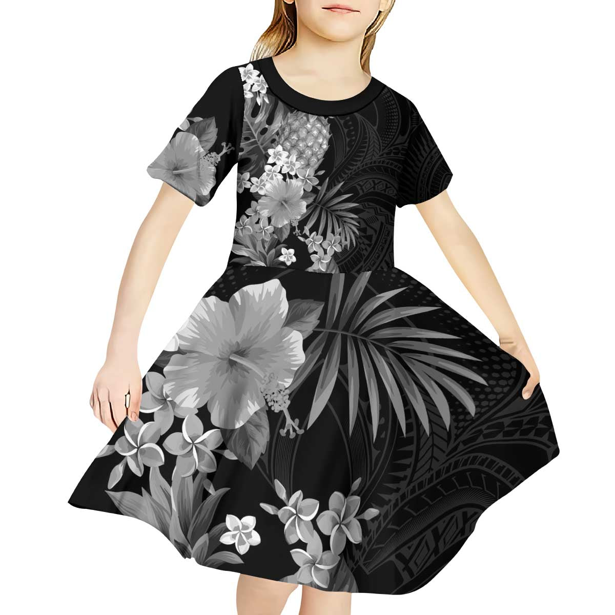 Hawaii Pineapple Tropical Kid Short Sleeve Dress Neutral Hibiscus Plumeria LT01 - Polynesian Pride