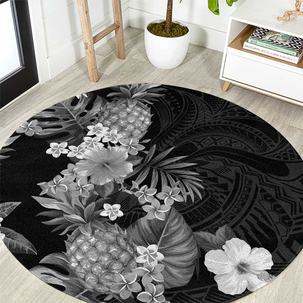 Hawaii Pineapple Tropical Round Carpet Neutral Hibiscus Plumeria LT01 Black - Polynesian Pride