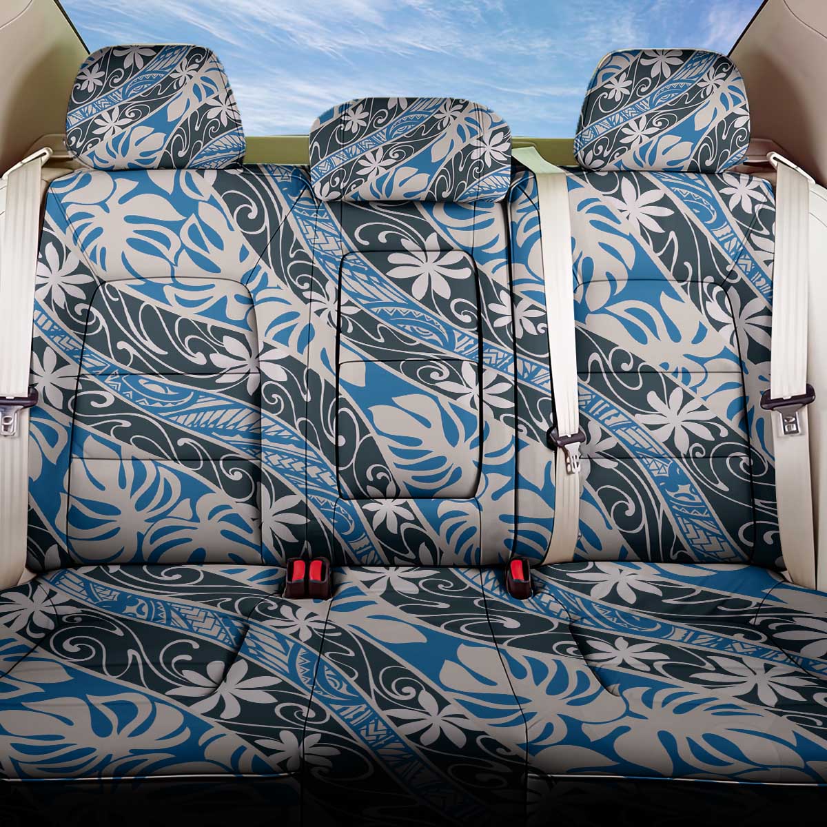 Ninamu Tahiti Tiare Monstera Back Car Seat Cover Polynesian Pattern Curve Style LT01 One Size Blue - Polynesian Pride