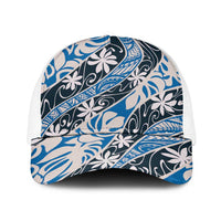 Ninamu Tahiti Tiare Monstera Baseball Net Cap Polynesian Pattern Curve Style LT01 One Size White Blue - Polynesian Pride