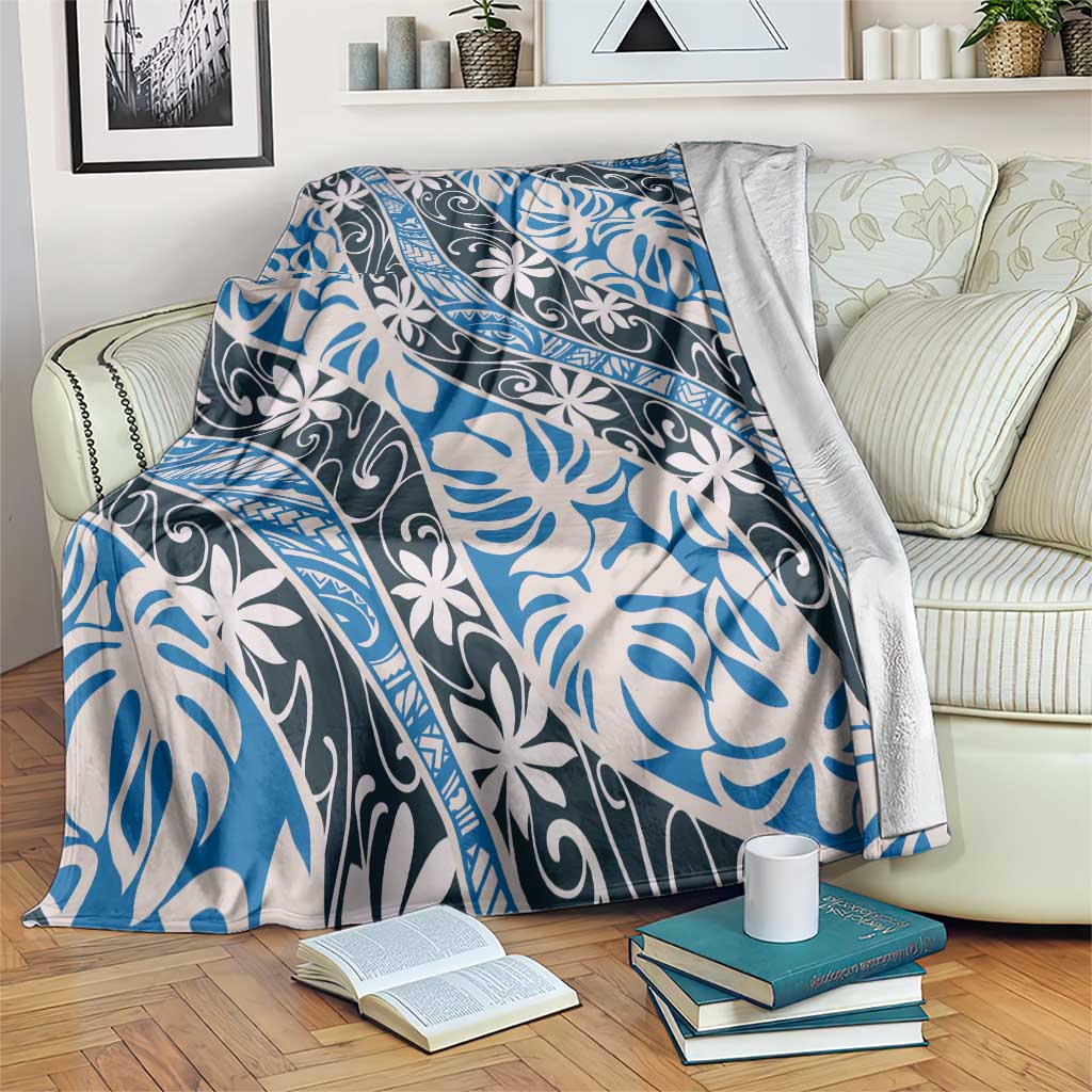 Ninamu Tahiti Tiare Monstera Blanket Polynesian Pattern Curve Style LT01 Blue - Polynesian Pride
