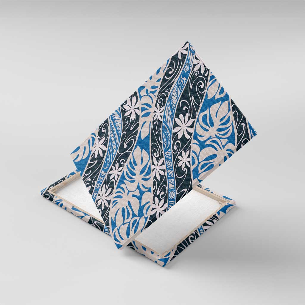 Ninamu Tahiti Tiare Monstera Canvas Wall Art Polynesian Pattern Curve Style LT01 With Frame Blue - Polynesian Pride