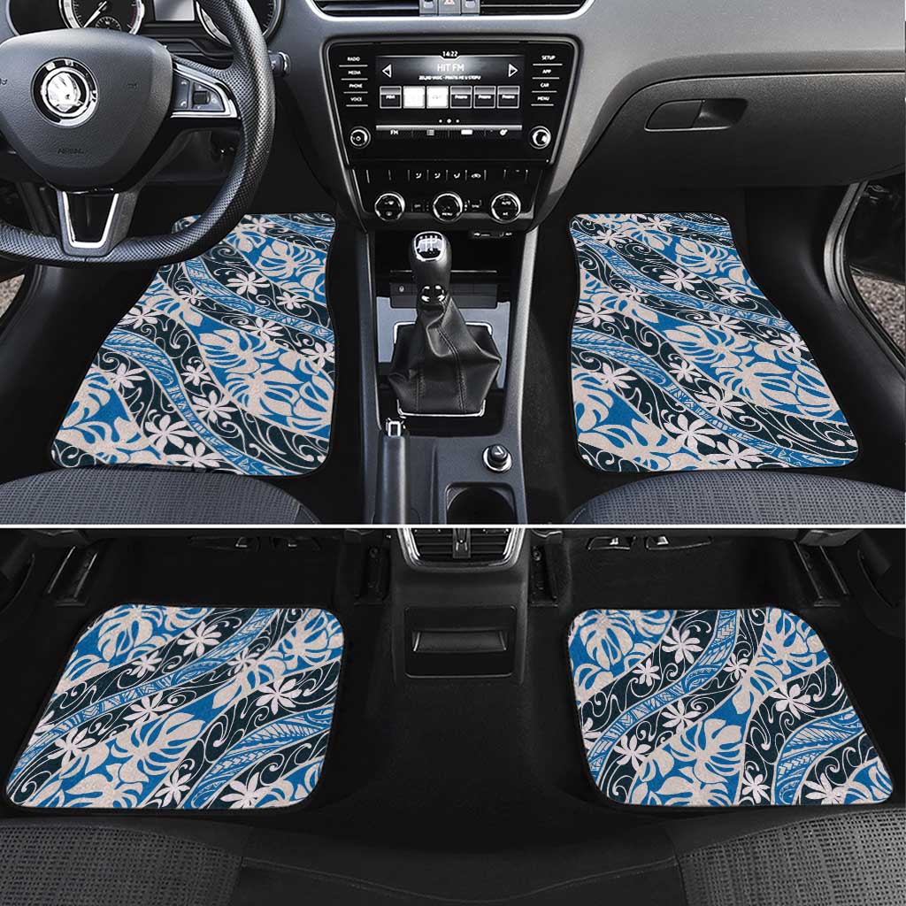 Ninamu Tahiti Tiare Monstera Car Mats Polynesian Pattern Curve Style LT01 Set 4pcs Blue - Polynesian Pride