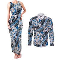 Ninamu Tahiti Tiare Monstera Couples Matching Tank Maxi Dress and Long Sleeve Button Shirt Polynesian Pattern Curve Style LT01 Blue - Polynesian Pride