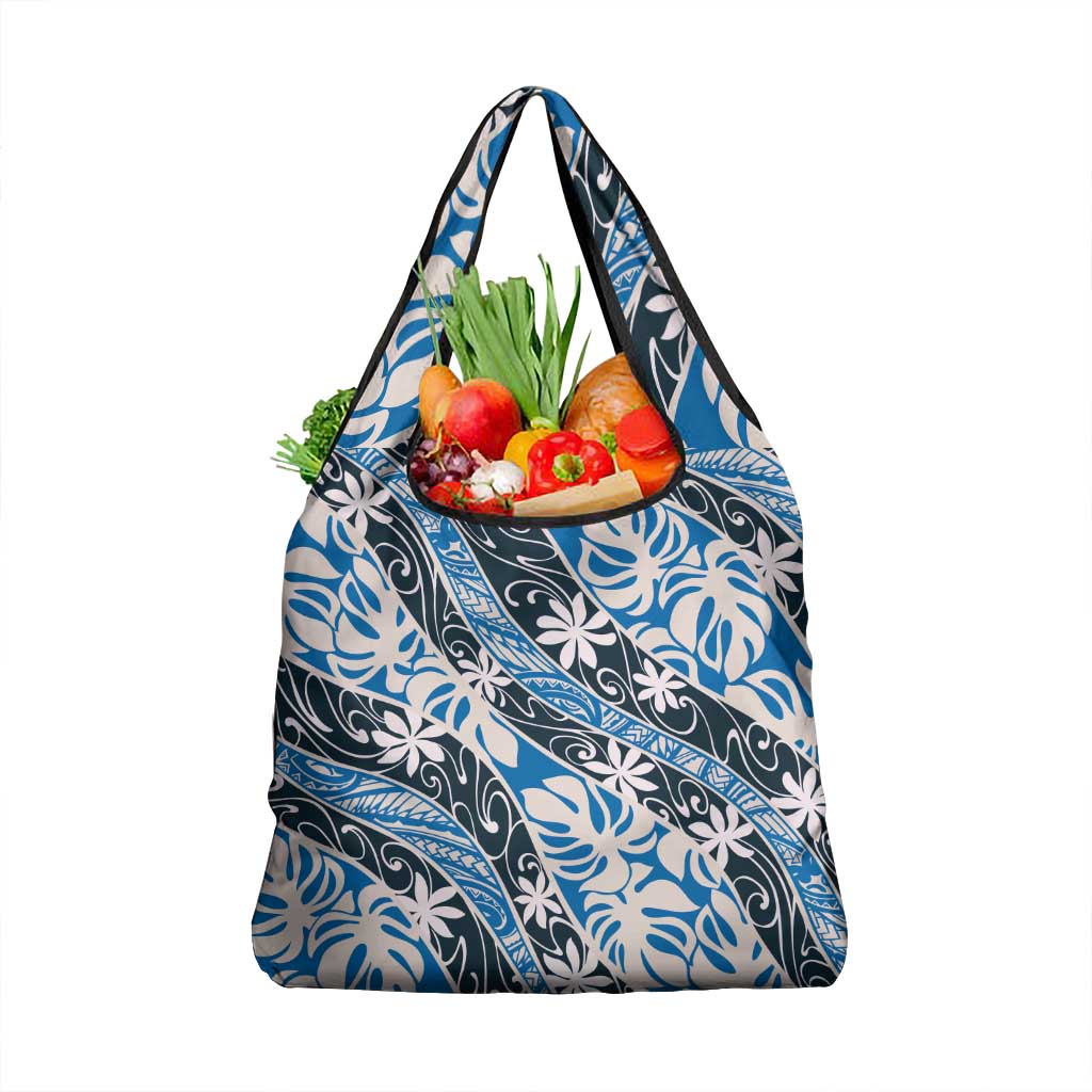 Ninamu Tahiti Tiare Monstera Grocery Bag Polynesian Pattern Curve Style LT01 1-pack One Size Blue - Polynesian Pride