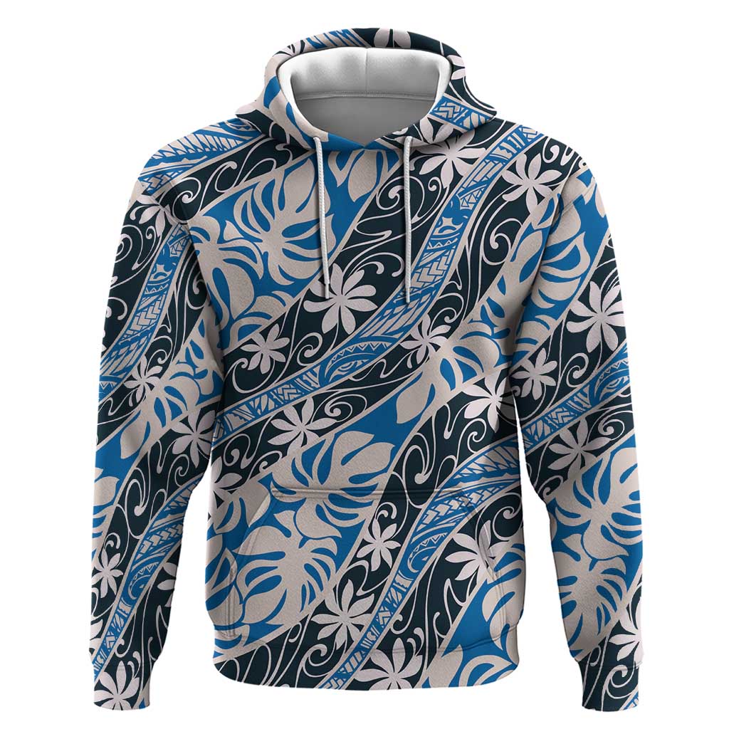 Ninamu Tahiti Tiare Monstera Hoodie Polynesian Pattern Curve Style LT01 Pullover Hoodie Blue - Polynesian Pride