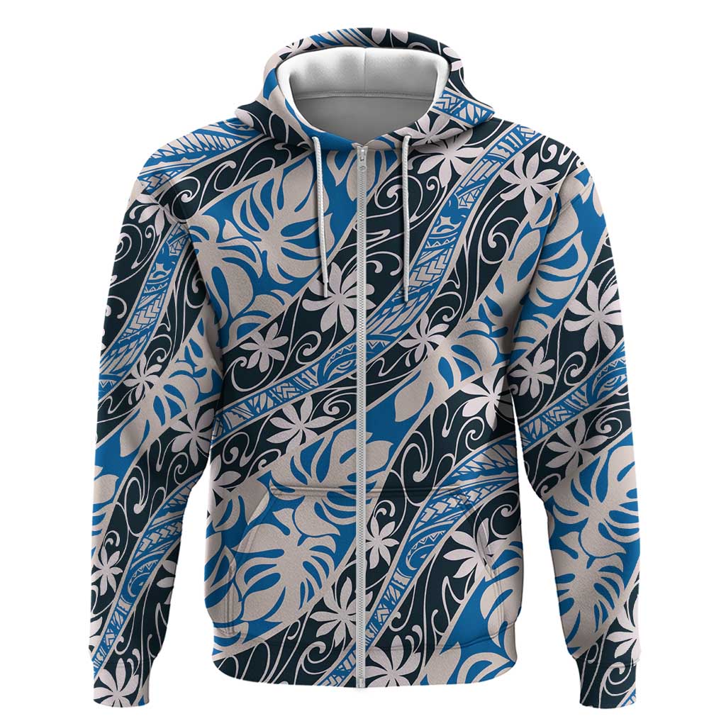Ninamu Tahiti Tiare Monstera Hoodie Polynesian Pattern Curve Style LT01 Zip Hoodie Blue - Polynesian Pride