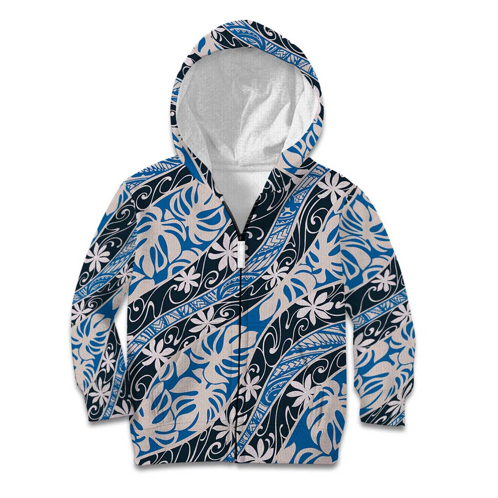 Ninamu Tahiti Tiare Monstera Kid Hoodie Polynesian Pattern Curve Style LT01 Zip Hoodie Blue - Polynesian Pride