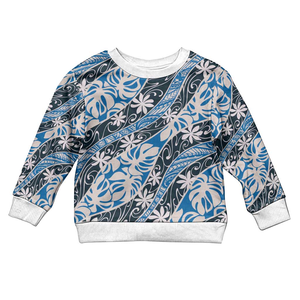 Ninamu Tahiti Tiare Monstera Kid Ugly Christmas Sweater Polynesian Pattern Curve Style LT01 Kid Blue - Polynesian Pride
