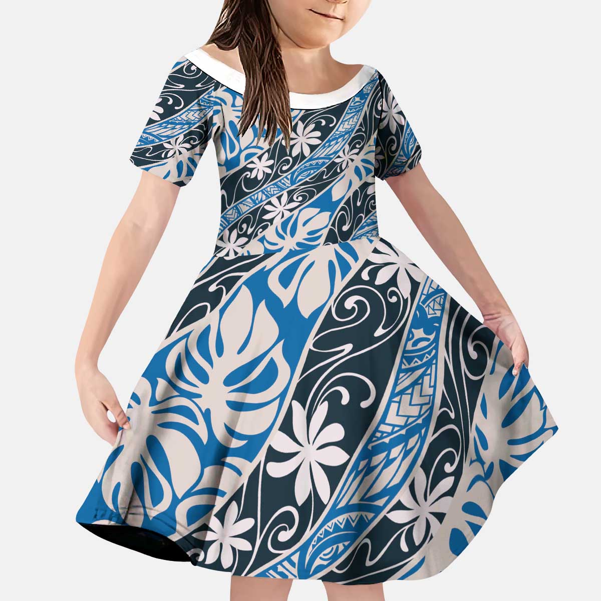Ninamu Tahiti Tiare Monstera Kid Short Sleeve Dress Polynesian Pattern Curve Style LT01 KID Blue - Polynesian Pride