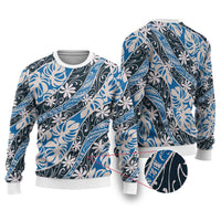 Ninamu Tahiti Tiare Monstera Ugly Christmas Sweater Polynesian Pattern Curve Style LT01 Blue - Polynesian Pride