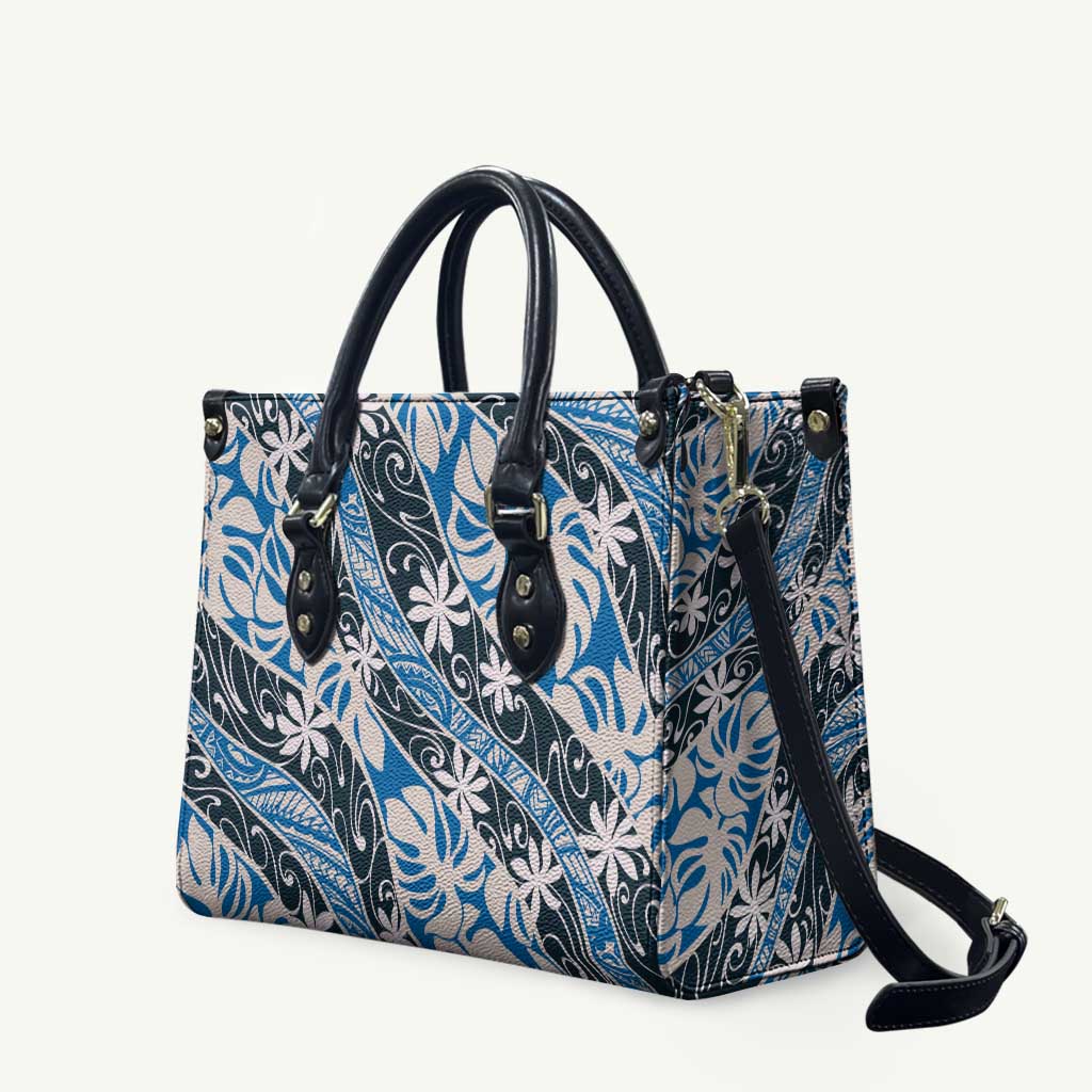 Ninamu Tahiti Tiare Monstera Leather Bag Polynesian Pattern Curve Style LT01 Blue - Polynesian Pride