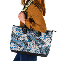 Ninamu Tahiti Tiare Monstera Leather Tote Bag Polynesian Pattern Curve Style LT01 Blue - Polynesian Pride