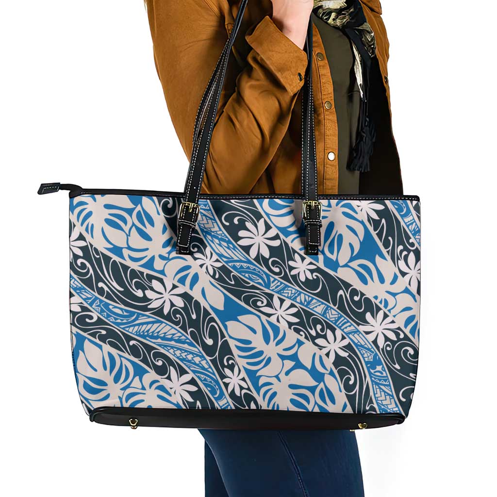 Ninamu Tahiti Tiare Monstera Leather Tote Bag Polynesian Pattern Curve Style LT01 - Polynesian Pride