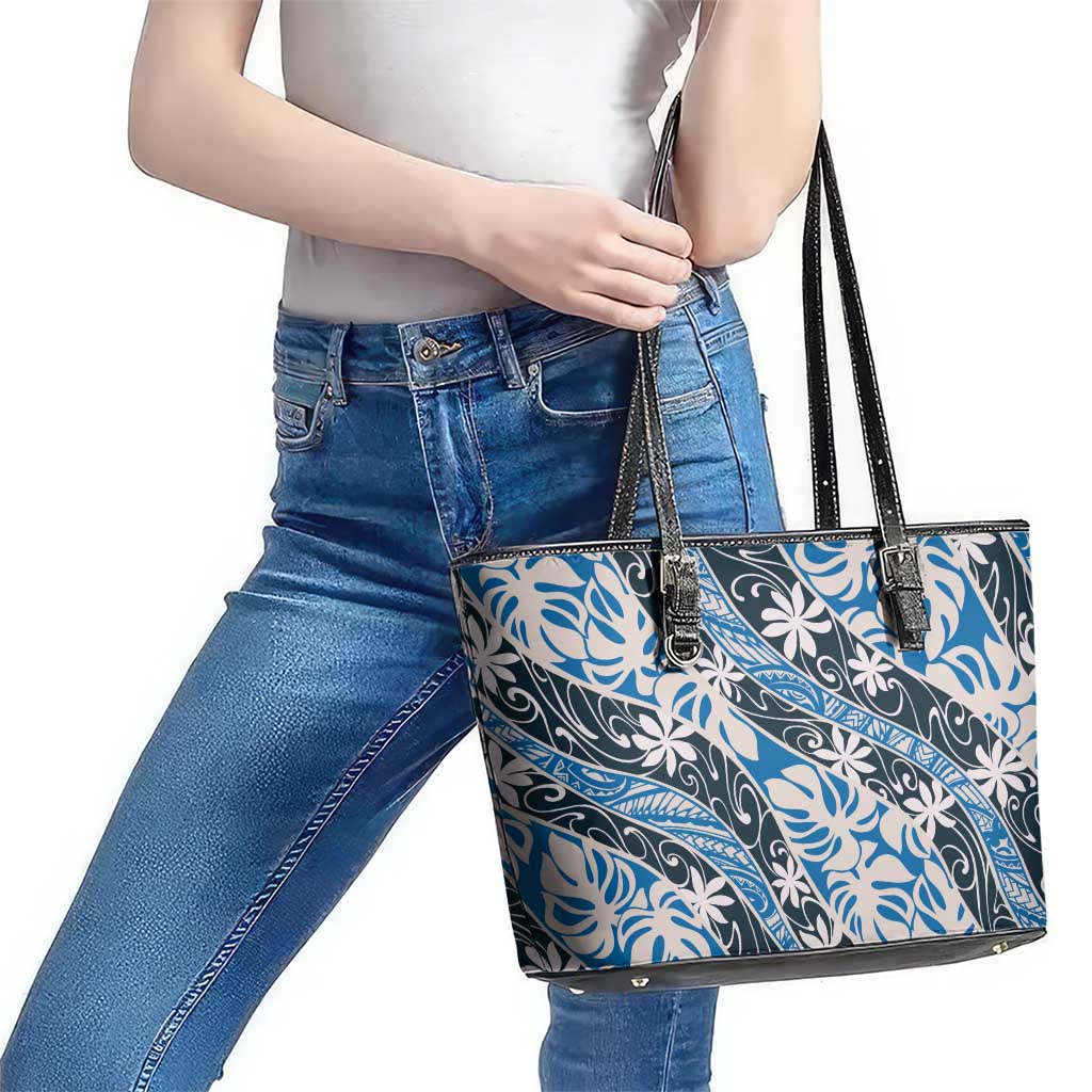 Ninamu Tahiti Tiare Monstera Leather Tote Bag Polynesian Pattern Curve Style LT01 - Polynesian Pride