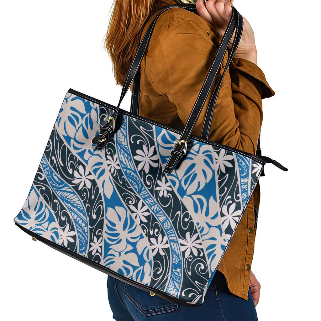 Ninamu Tahiti Tiare Monstera Leather Tote Bag Polynesian Pattern Curve Style LT01 - Polynesian Pride