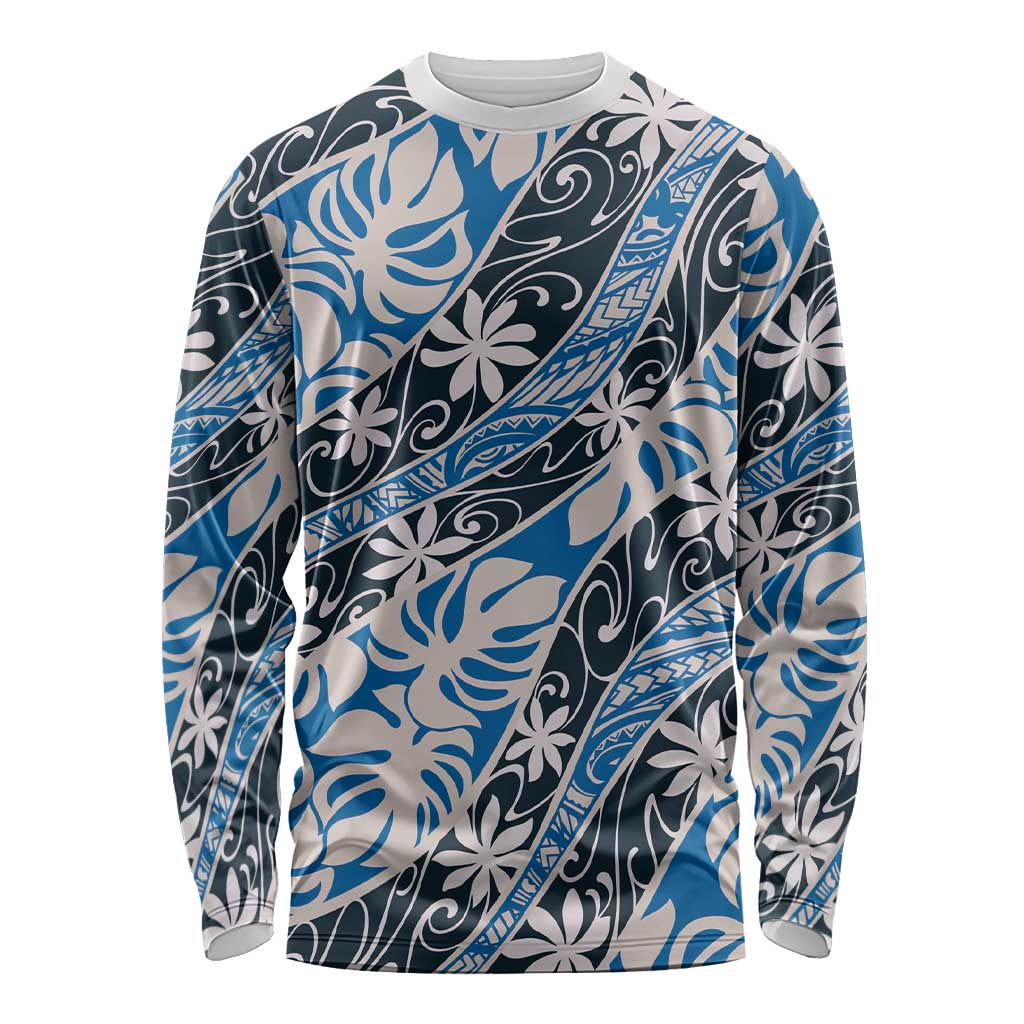 Ninamu Tahiti Tiare Monstera Long Sleeve Shirt Polynesian Pattern Curve Style LT01 Unisex Blue - Polynesian Pride