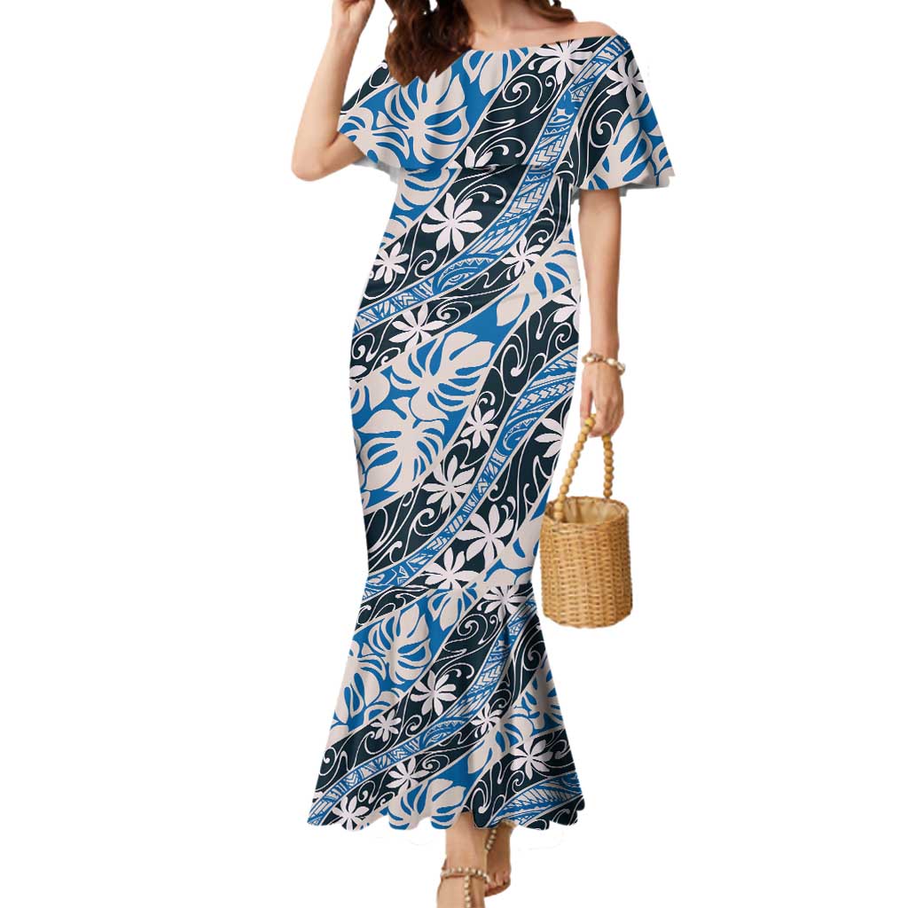 Ninamu Tahiti Tiare Monstera Mermaid Dress Polynesian Pattern Curve Style LT01 Women Blue - Polynesian Pride