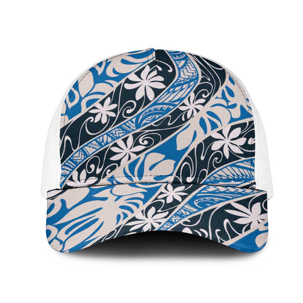 Ninamu Tahiti Tiare Monstera Mesh Trucker Cap Polynesian Pattern Curve Style LT01 One Size White Blue - Polynesian Pride