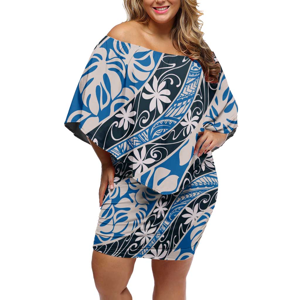 Ninamu Tahiti Tiare Monstera Off Shoulder Short Dress Polynesian Pattern Curve Style LT01 Women Blue - Polynesian Pride