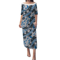 Ninamu Tahiti Tiare Monstera Puletasi Polynesian Pattern Curve Style LT01 Long Dress Blue - Polynesian Pride