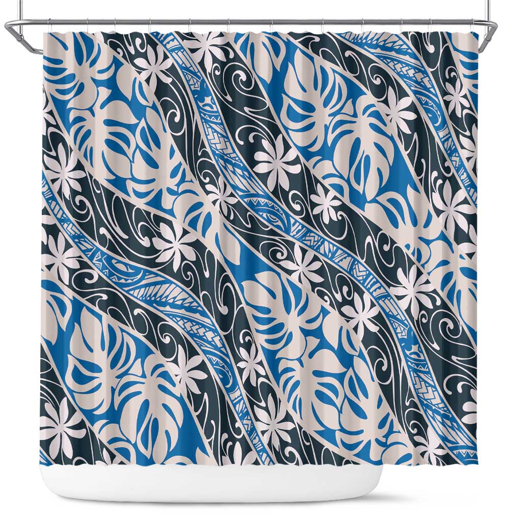 Ninamu Tahiti Tiare Monstera Shower Curtain Polynesian Pattern Curve Style LT01 Blue - Polynesian Pride